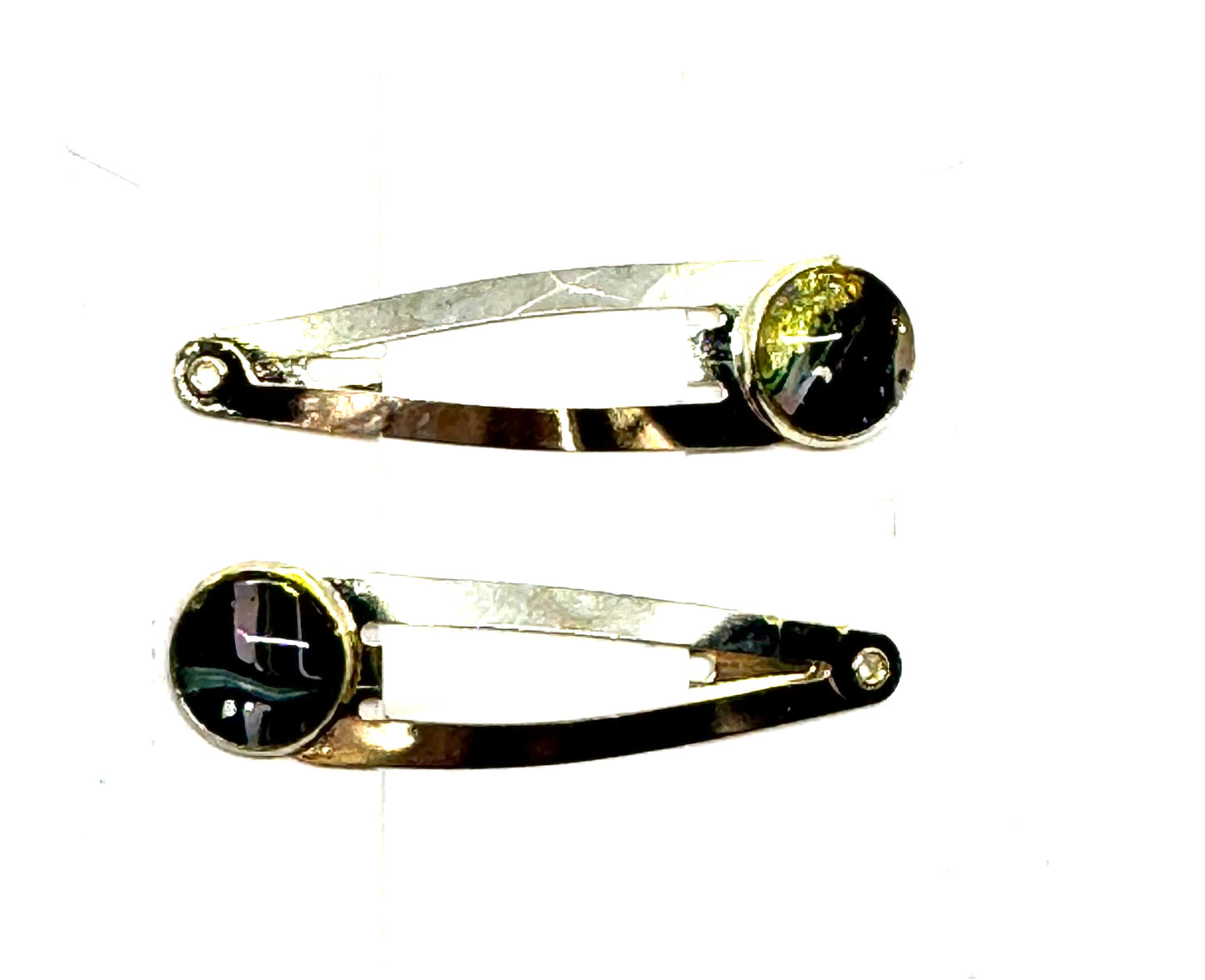 #1 Dark Energy Snap Clips – Silver Tone Black & Green Resin Hair Clips (2pc Set)