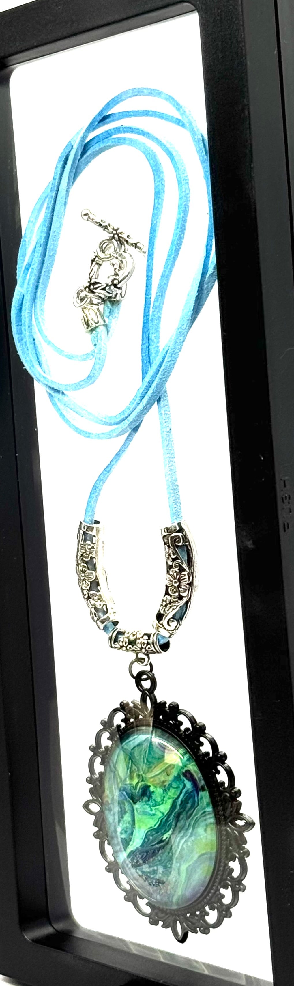 Ocean Mood Swing Necklace | Green & Teal Swirl Pendant | 34” Blue Cord | Statement Chaos