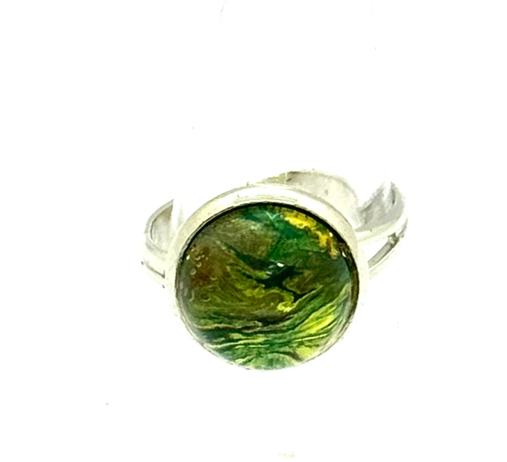 #8 Enchanted Forest Glass Dome Ring – Green & Gold Swirl Adjustable Ring