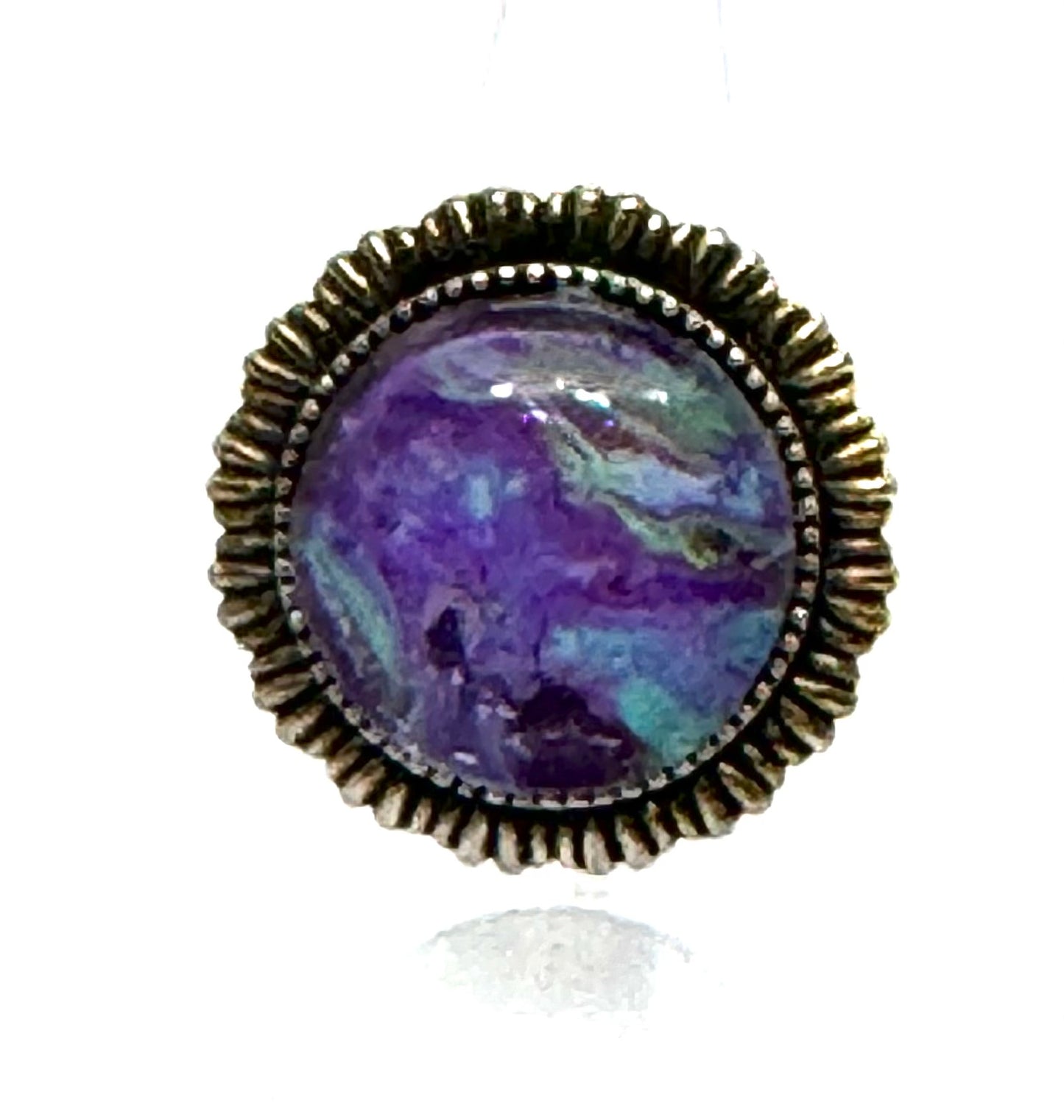 #13 Galactic Chaos Glass Dome Statement Ring – Purple Teal Swirl Vintage Ornate Adjustable Ring