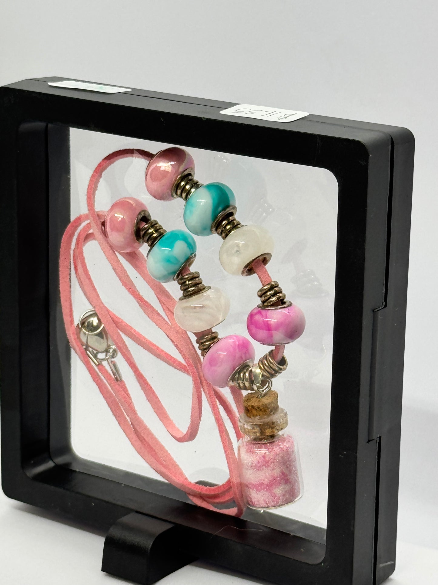 Sweet Chaos Bottle Necklace | Pink Leather Cord | Beaded Charm Necklace | Heart Clasp Magic