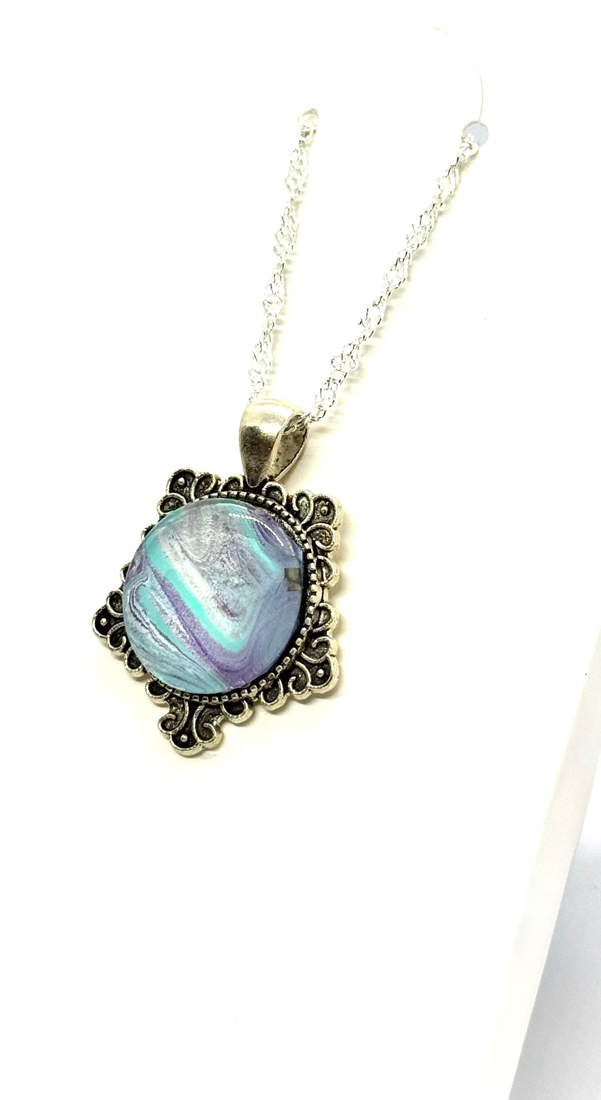 Calm Is Suspicious Necklace | 18” Sterling Silver Aqua & Lavender Paint Pour Necklace