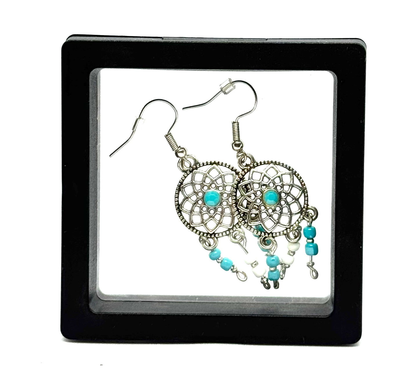 #51 Dream Catcher of Bad Decisions – Turquoise Beaded Silver Dreamcatcher Earrings