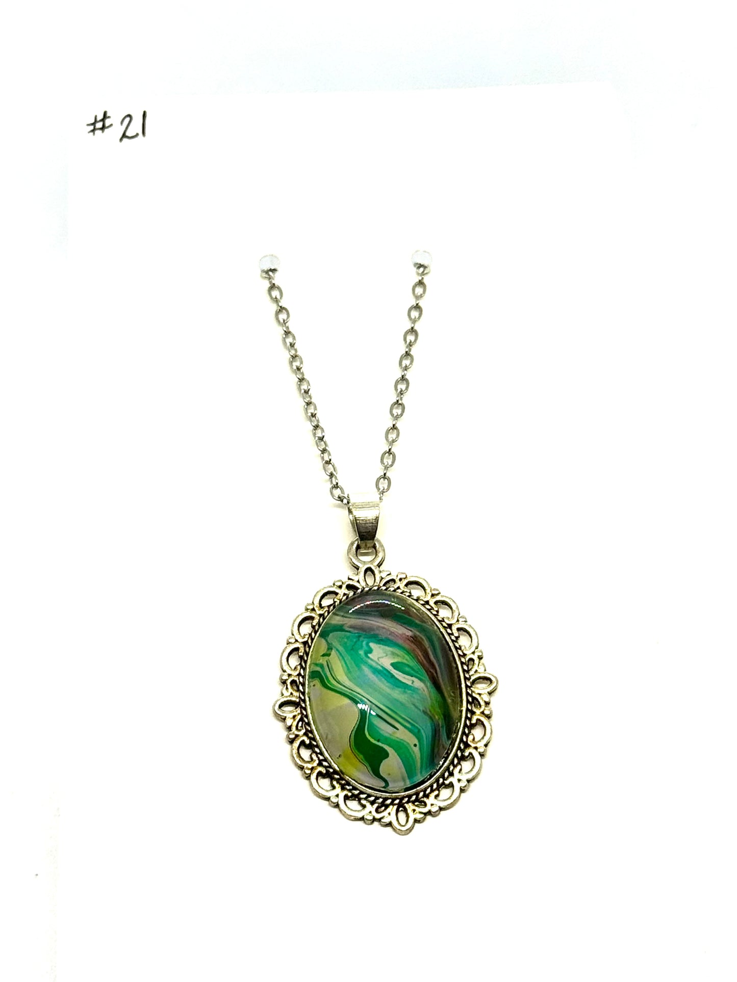 #21 Green Ghost Paint Pour Oval Pendant Necklace – Fluid Art Statement Jewelry