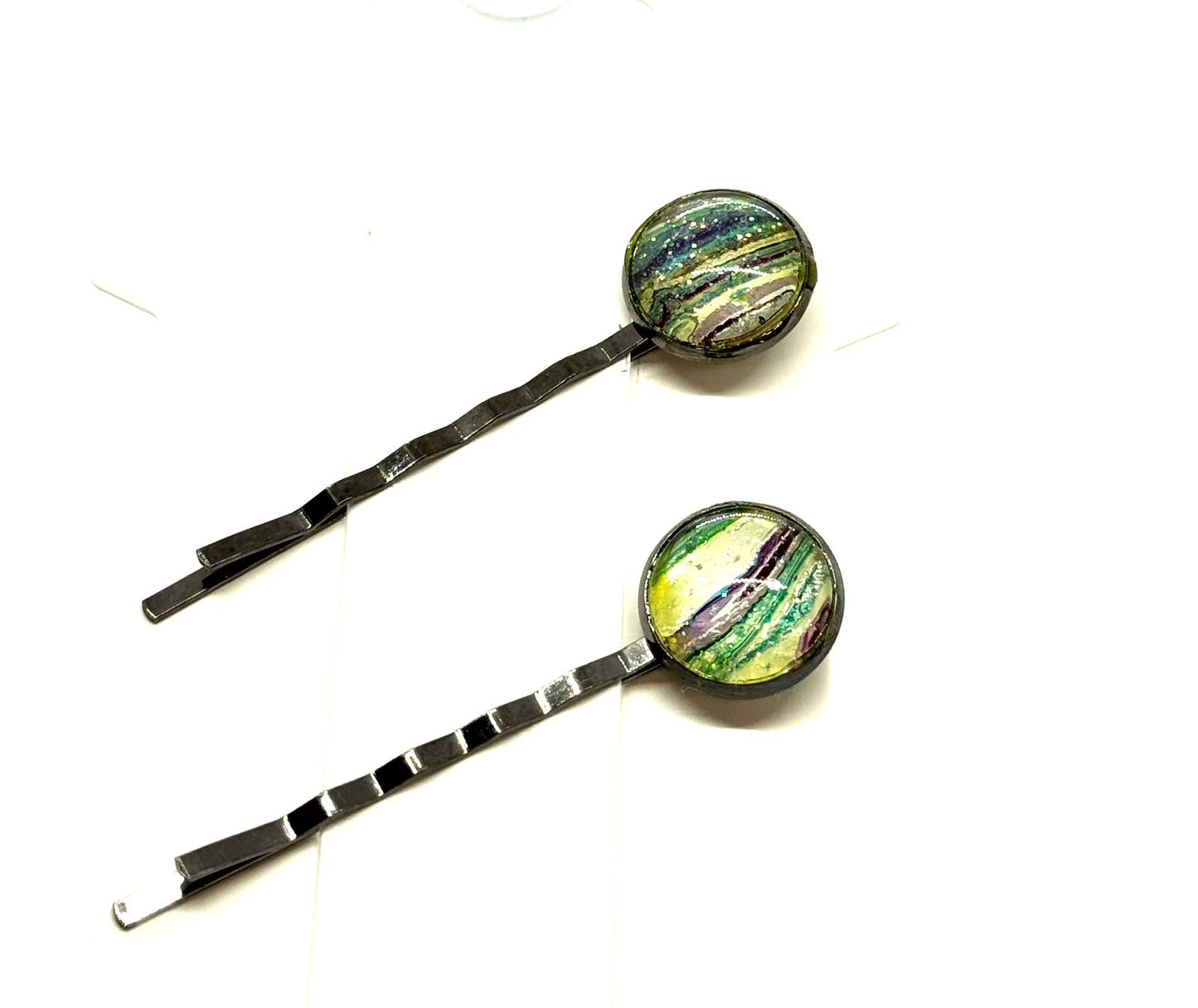 #6 Forest Chaos Bobby Pin Set – Green & Purple Swirl Hair Pins (2pc)