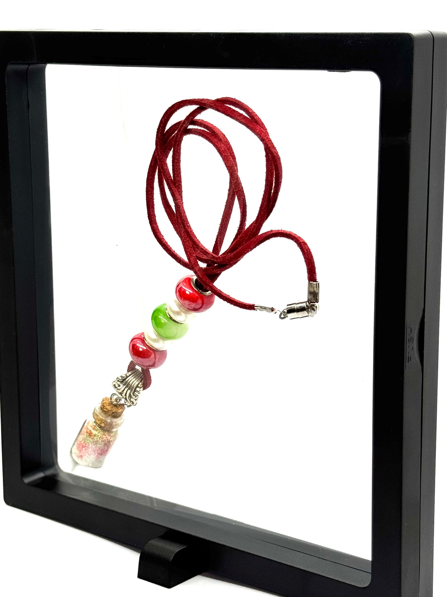“Holiday Breakdown in a Bottle” Red Cord Beaded Necklace | 26” | Magnetic Clasp | Glitter Bottle Pendant