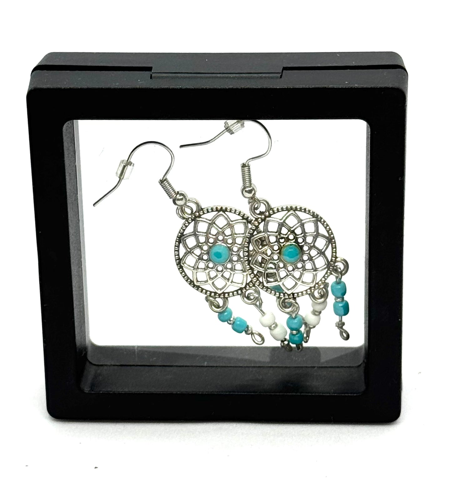 #51 Dream Catcher of Bad Decisions – Turquoise Beaded Silver Dreamcatcher Earrings