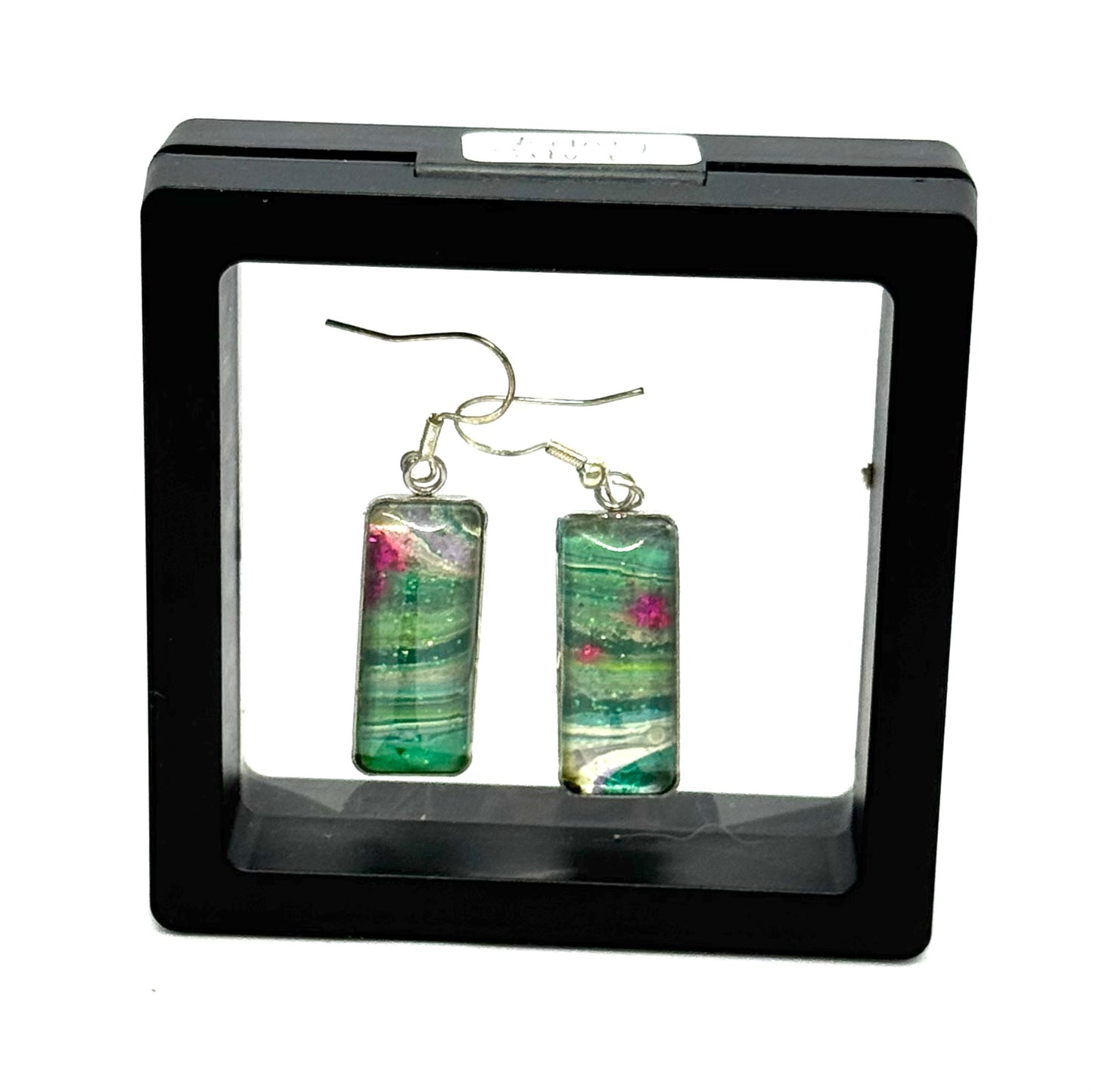 #11S Enchanted Lagoon Sterling Silver Rectangle Glass Dome Earrings