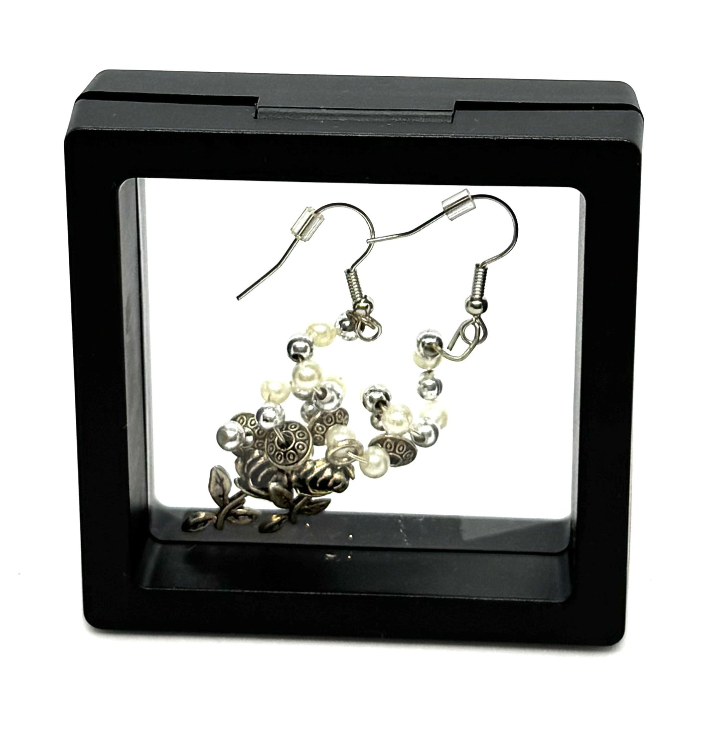 #29 Pearls Before Meltdowns Rose Earrings – Silver Tone Floral Dangles