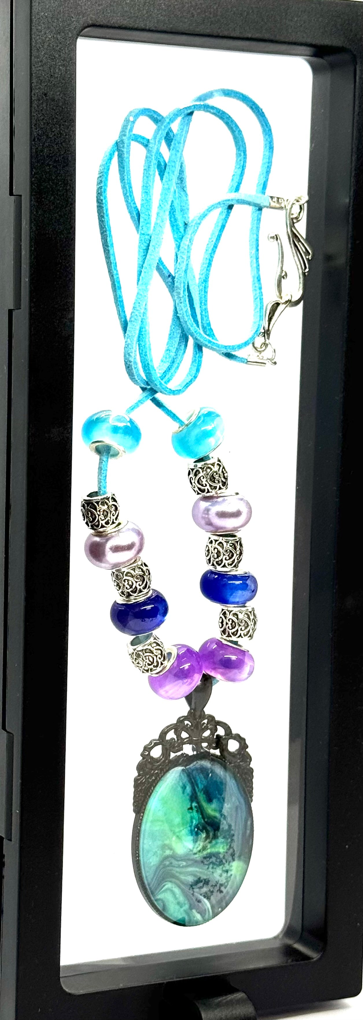 Emotional Support Chaos Necklace | Ocean Storm Pendant | Blue Leather Cord | Beaded Statement Piece