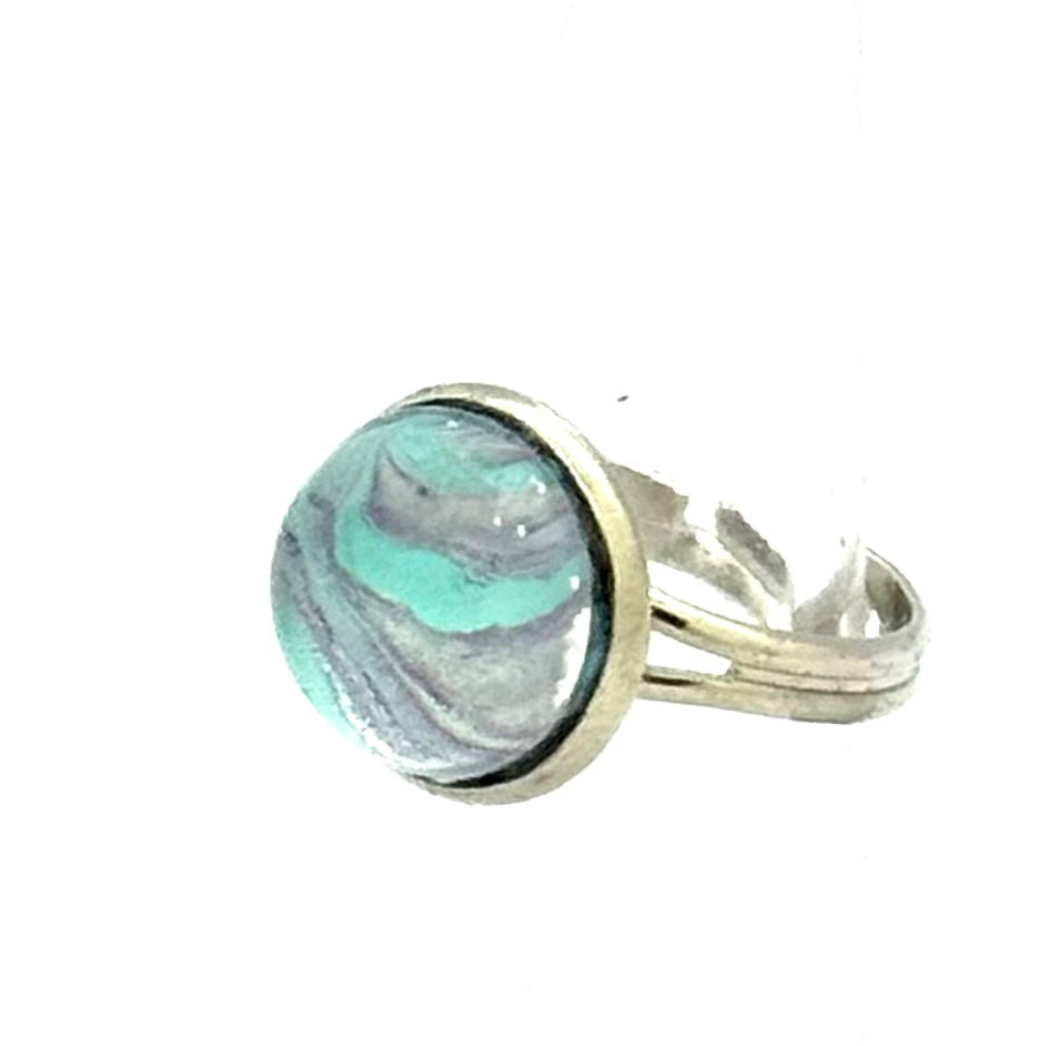 #7 Sea Glass Mirage Glass Dome Ring – Aqua & Silver Swirl Statement Ring