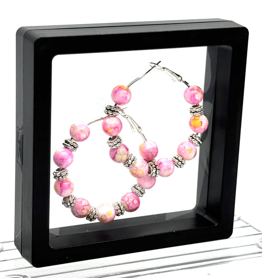 Blushing Bloom Marbled Beaded Stainless Steel Hoop Earrings