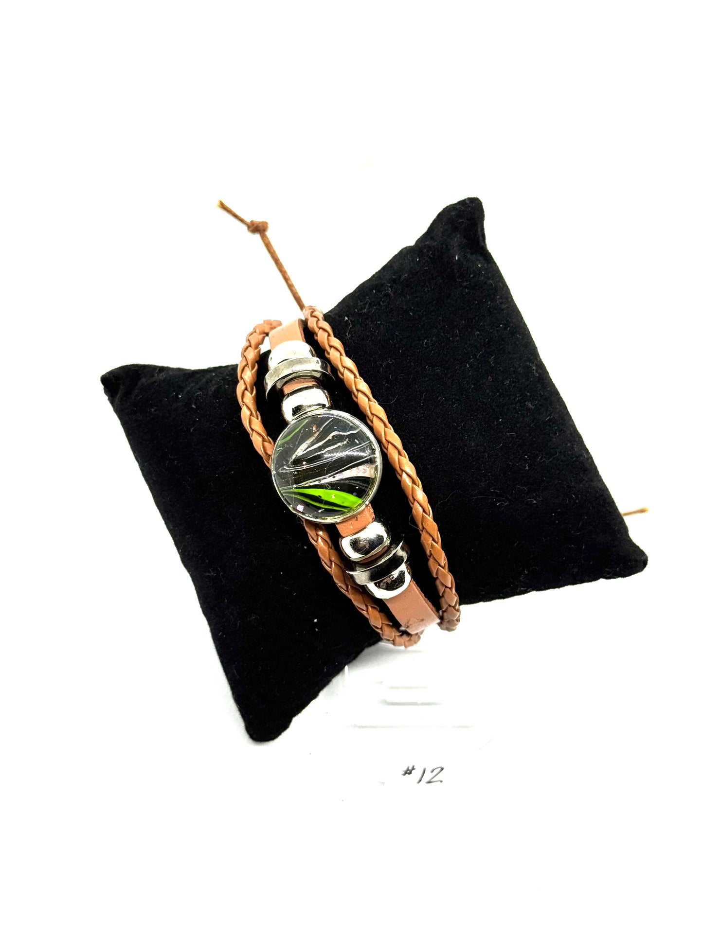 #12 “Main Character Energy” Green Chaos Glass Dome Leather Wrap Bracelet — One-of-a-Kind Handmade Statement Piece | FDSS Exclusive