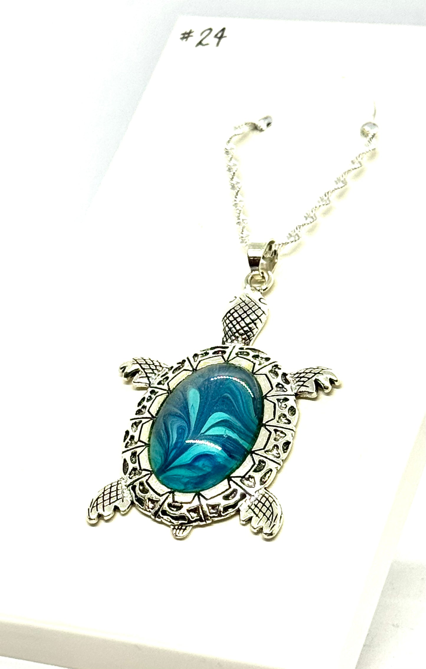 #24 Emotionally Unavailable Sea Turtle – Blue Swirl Paint Pour Turtle Necklace | FDSS Original