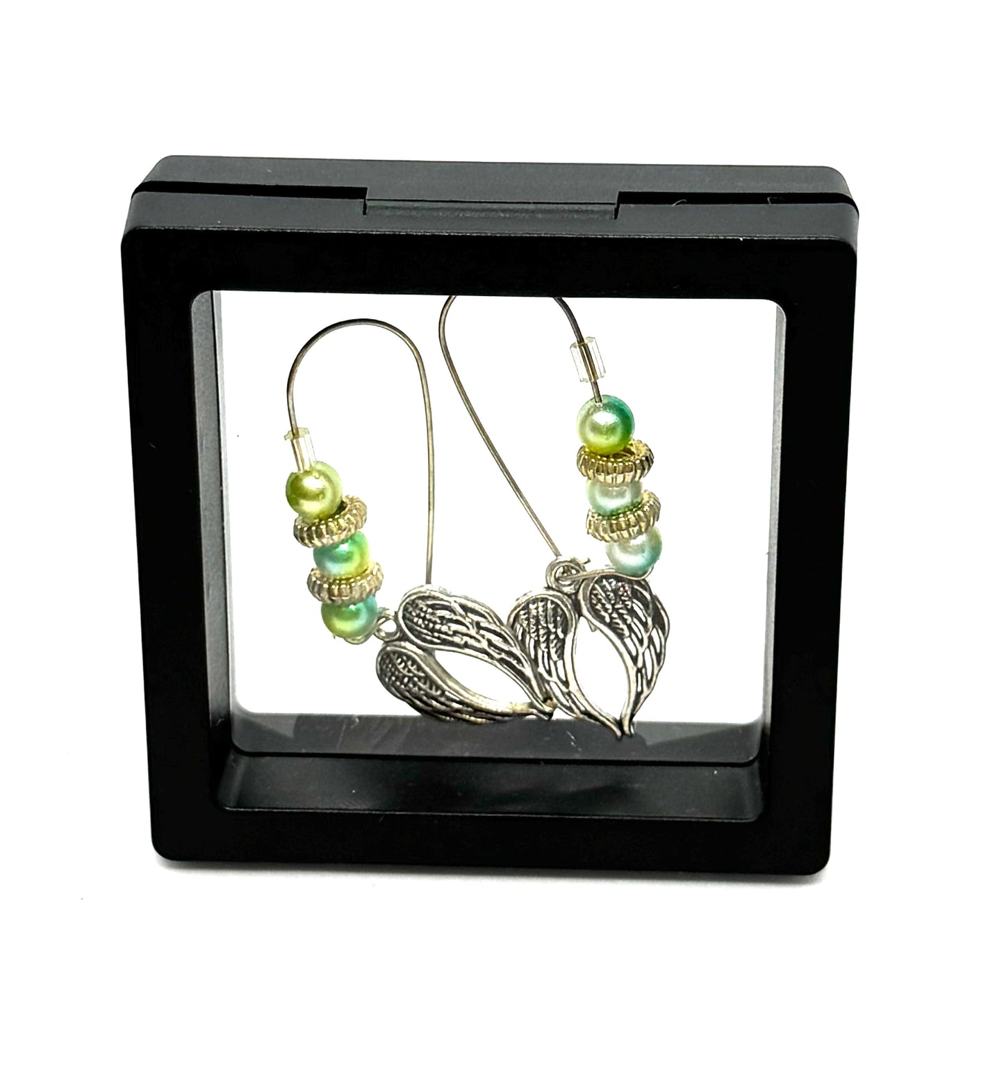 #26 👼 Heaven’s Customer Service Department – Green Pearl Beaded Angel Wing Dangle Earrings