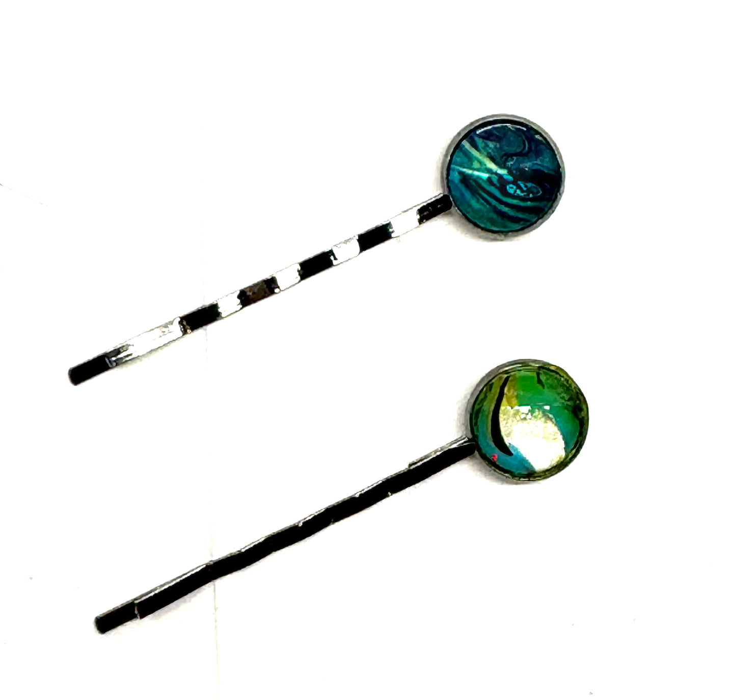 #5 Deep Ocean Chaos Bobby Pins – Teal & Emerald Swirl Set (2pc)
