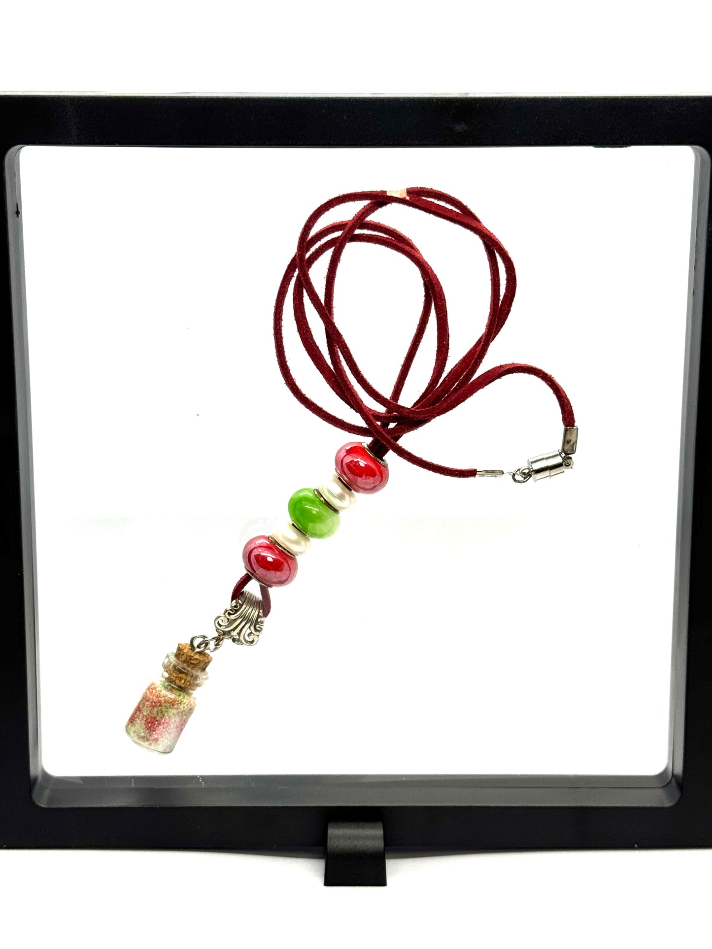 “Holiday Breakdown in a Bottle” Red Cord Beaded Necklace | 26” | Magnetic Clasp | Glitter Bottle Pendant