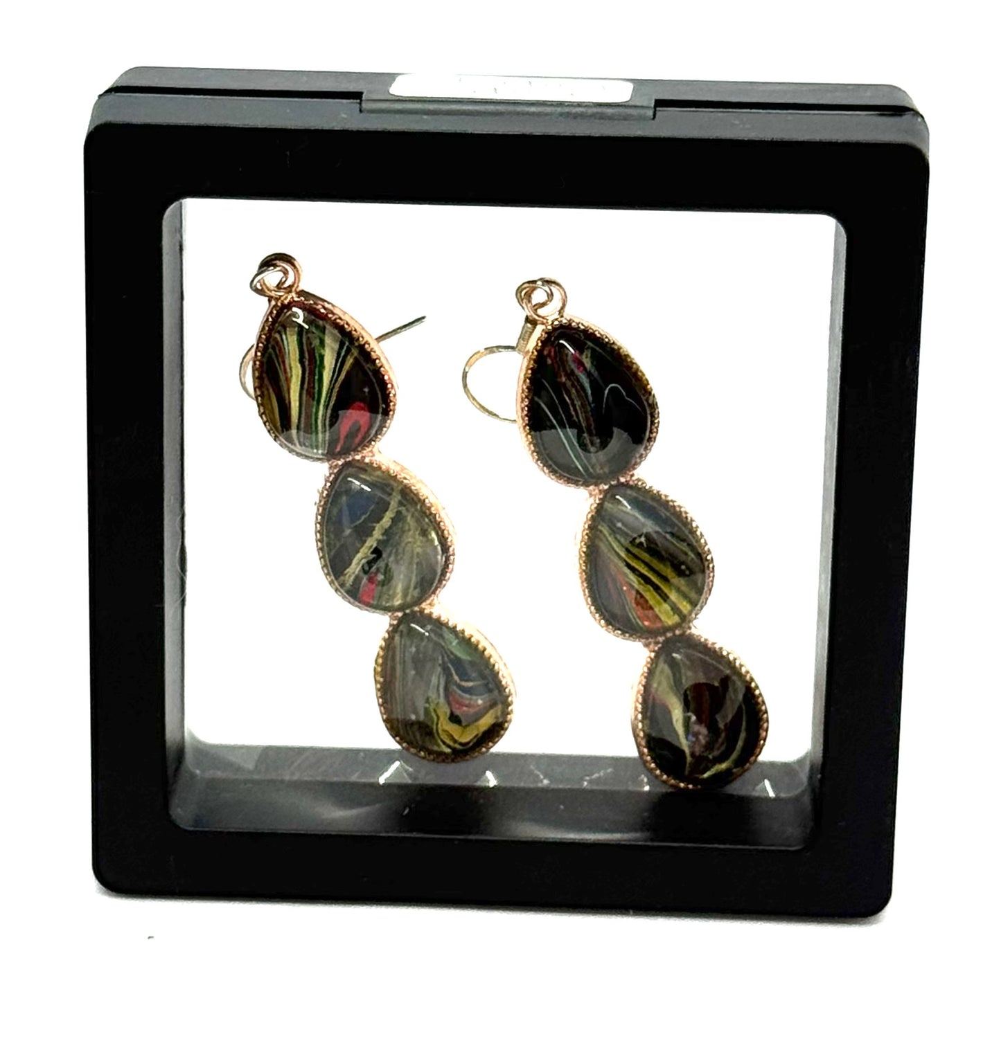 #3S Midnight Eclipse Triple Teardrop Earrings – Handmade Paint Pour Glass Domes