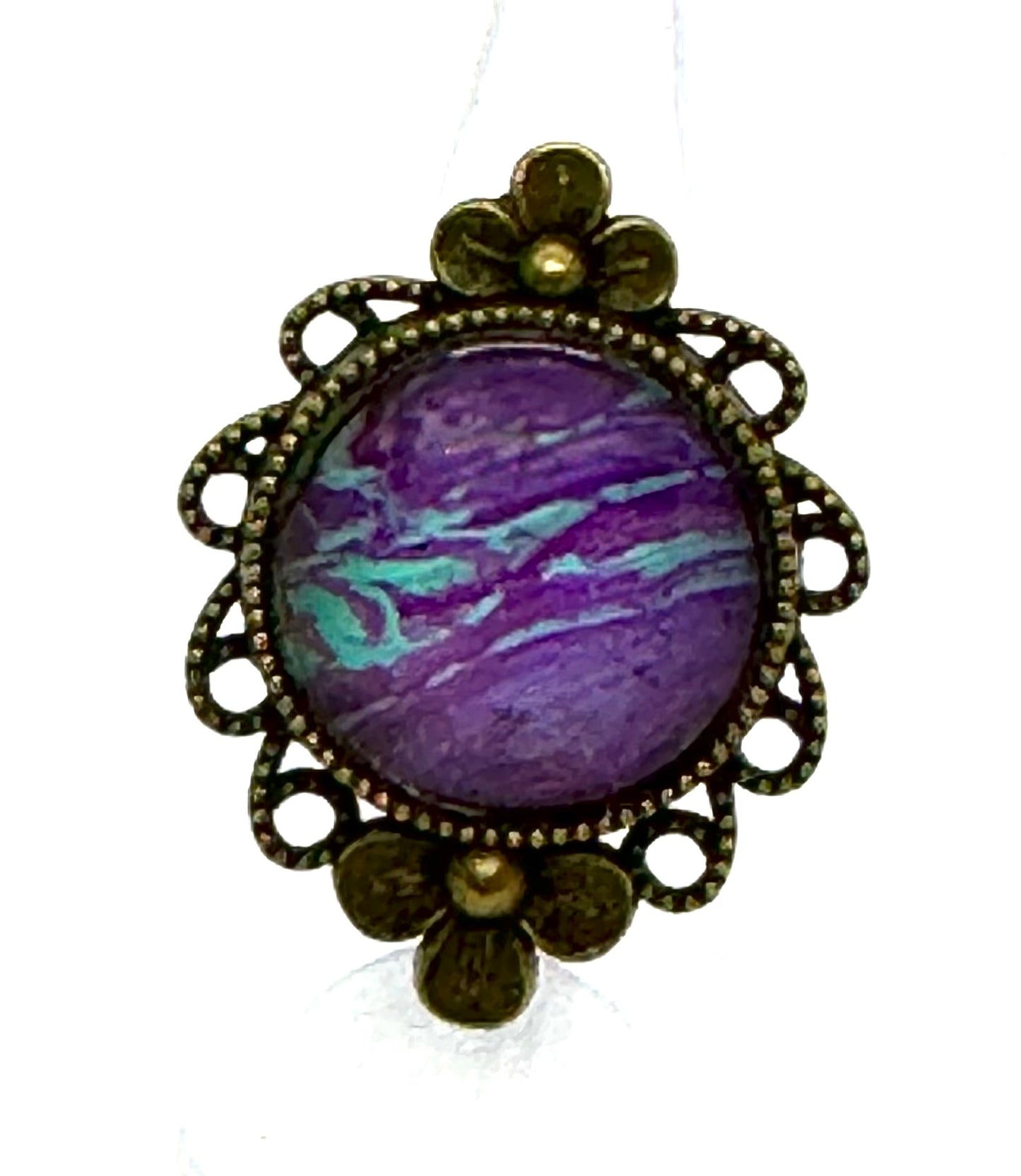 #14 Galactic Chaos Glass Dome Statement Ring – Purple Teal Swirl Vintage Ornate Adjustable Ring