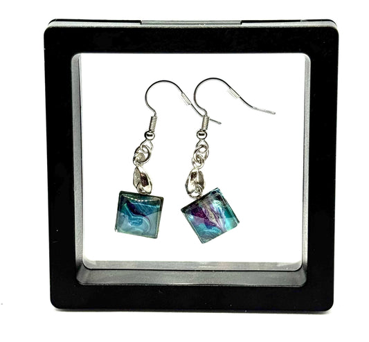 #34 Moonlit Tides Earrings – Square Glass Dome Wearable Paint Pour Art 🌙🌊💙