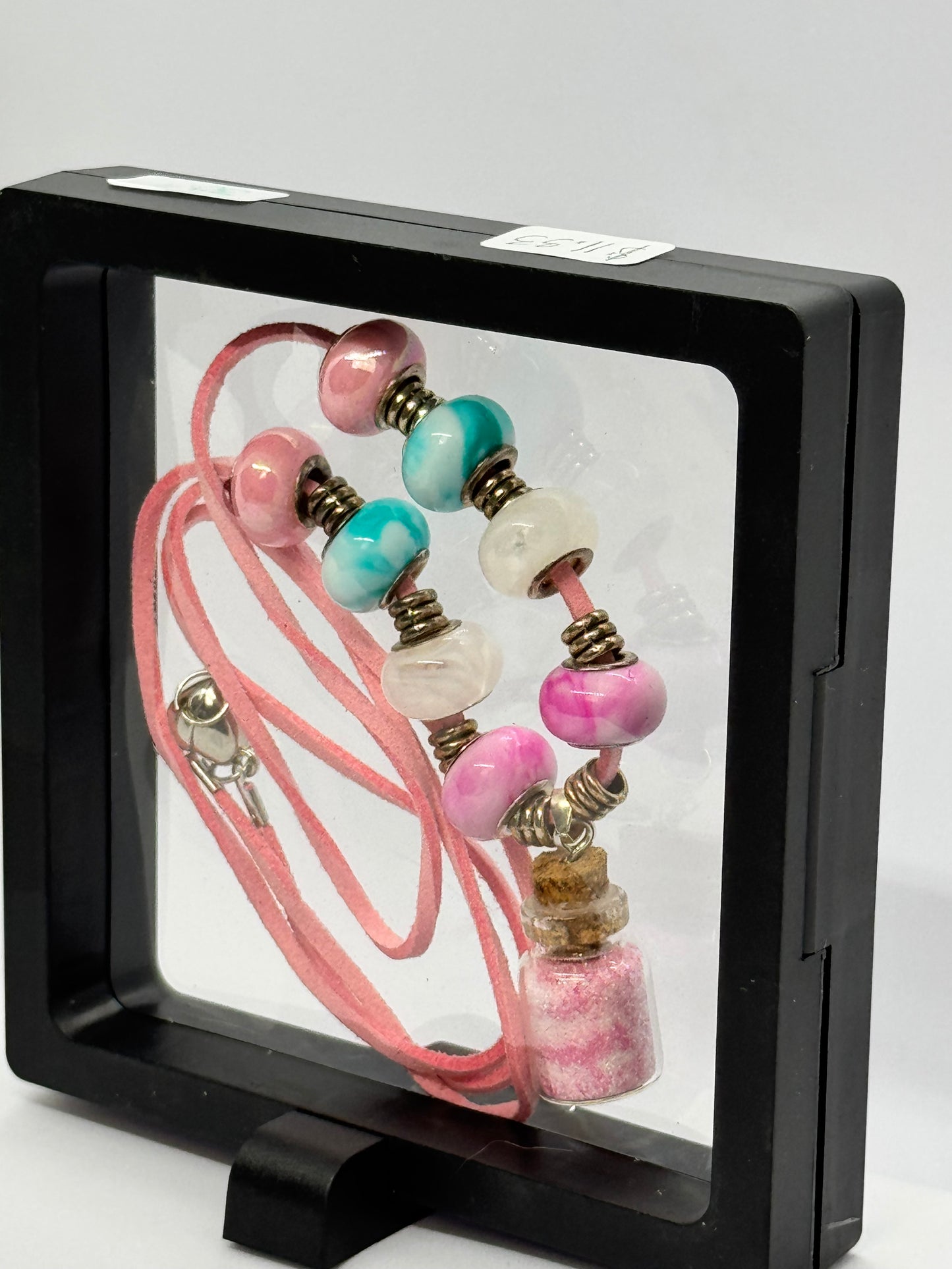 Sweet Chaos Bottle Necklace | Pink Leather Cord | Beaded Charm Necklace | Heart Clasp Magic