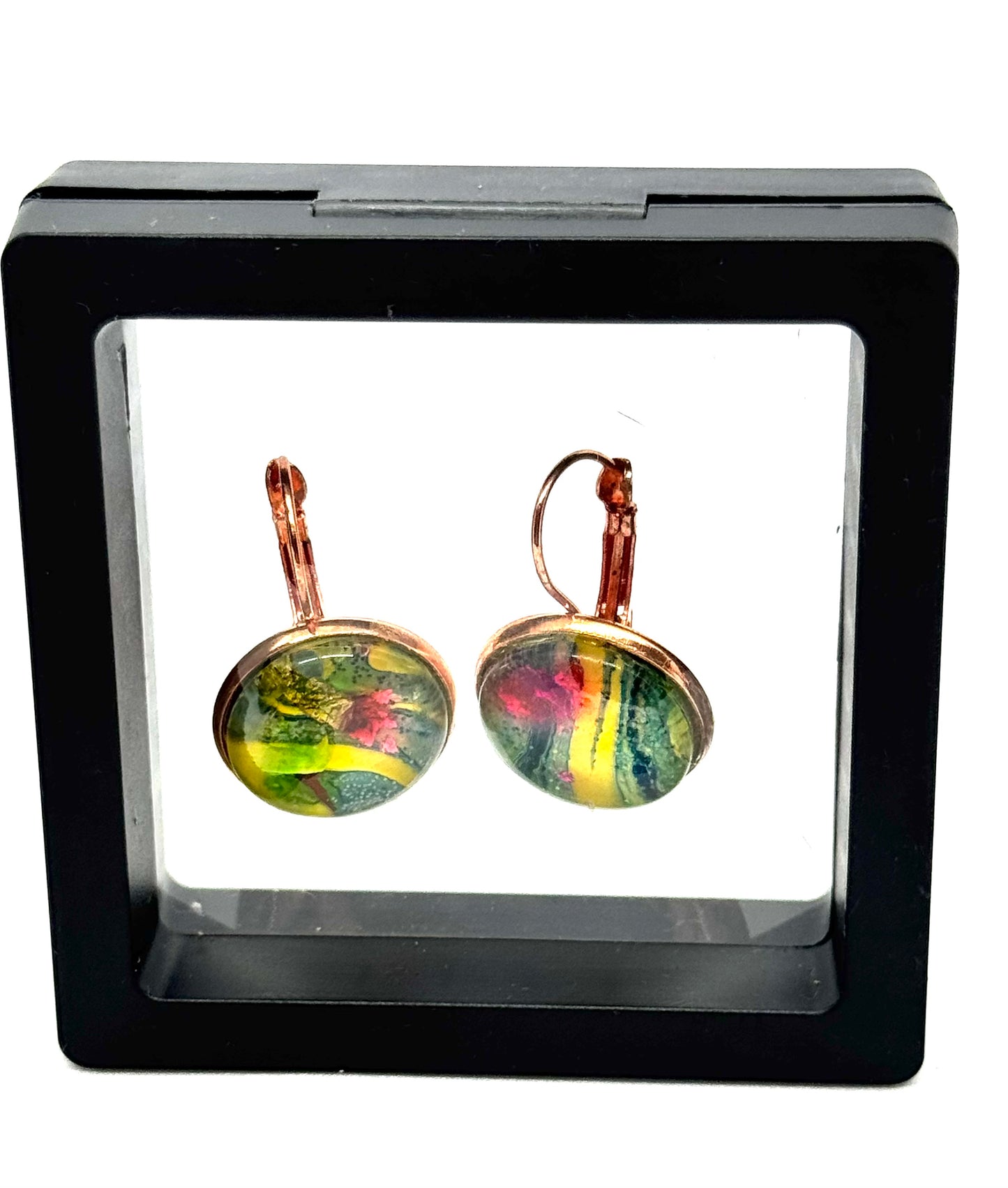 #31 Electric Garden Glass Dome Earrings – Paint Pour Art Earrings in Rose Gold
