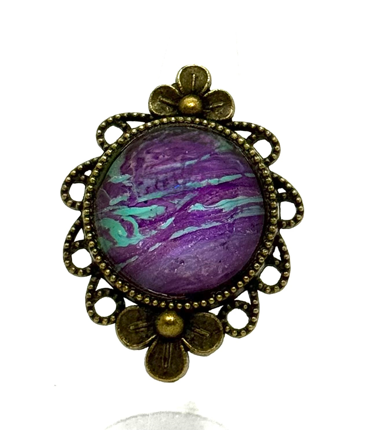#14 Galactic Chaos Glass Dome Statement Ring – Purple Teal Swirl Vintage Ornate Adjustable Ring