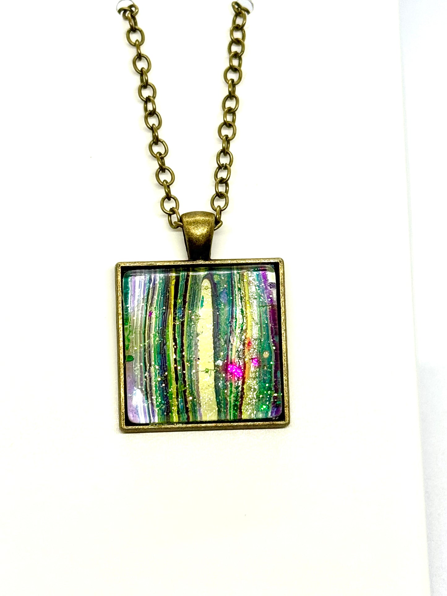 #20 Sunshine Gone Wrong – Blue, Yellow & Pink Foil Square Paint Pour Necklace | FDSS Original