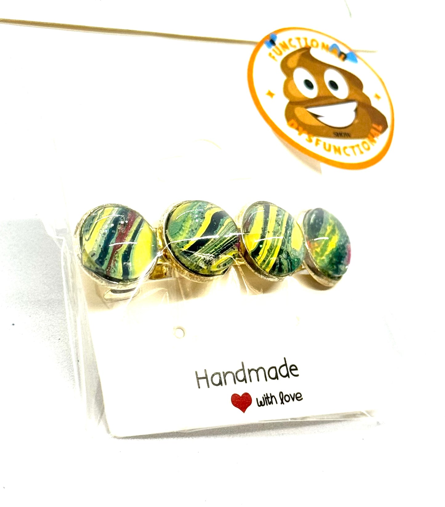 #2 Sunlit Chaos Barrette – Yellow & Green Resin Disc Hair Clip