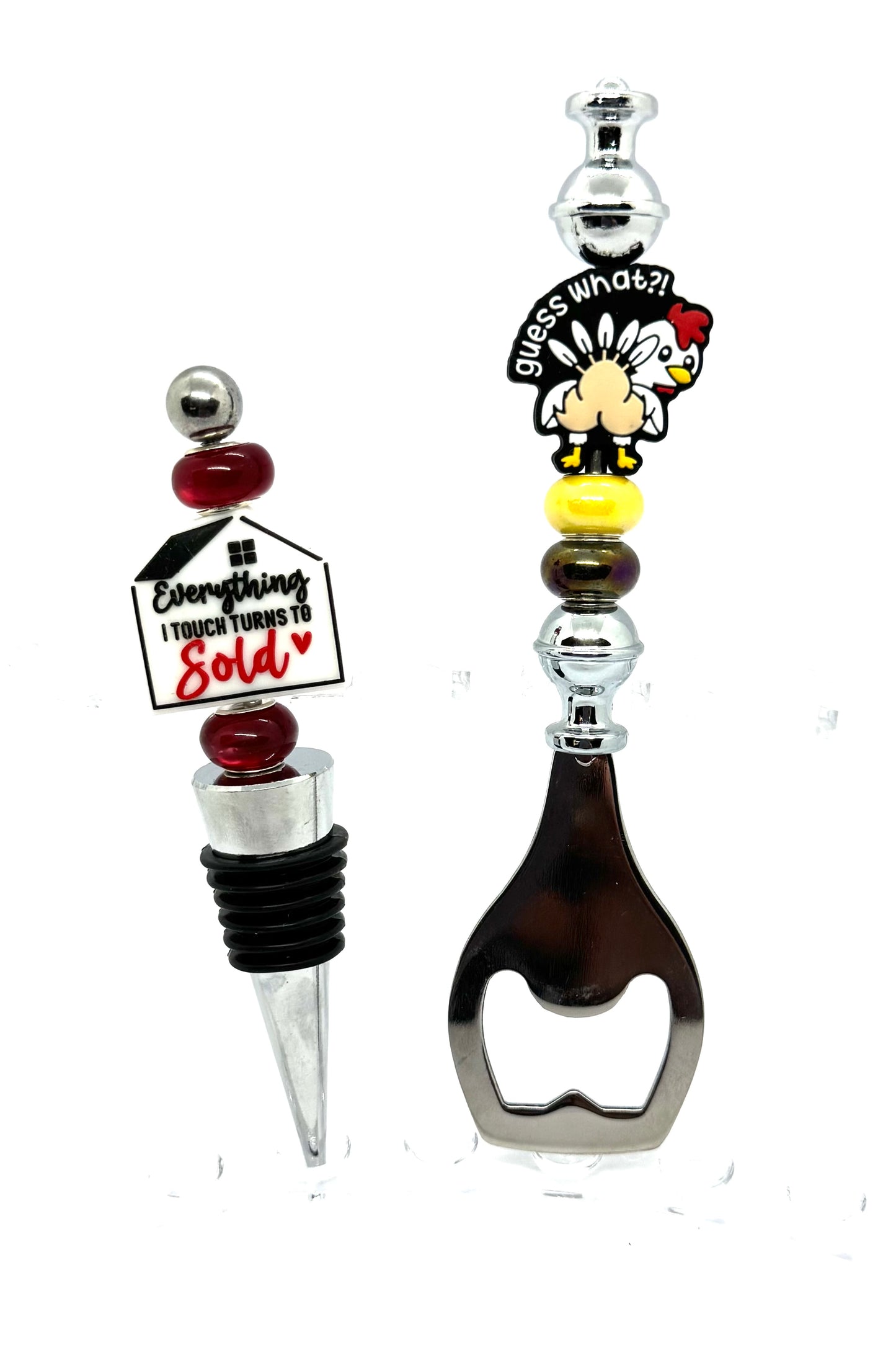 “Everything I Touch Turns to Sold” Realtor Wine Stopper & “Guess What?!” Chicken Bottle Opener Gift Set – Handmade FDSS Bar Accessory Duo