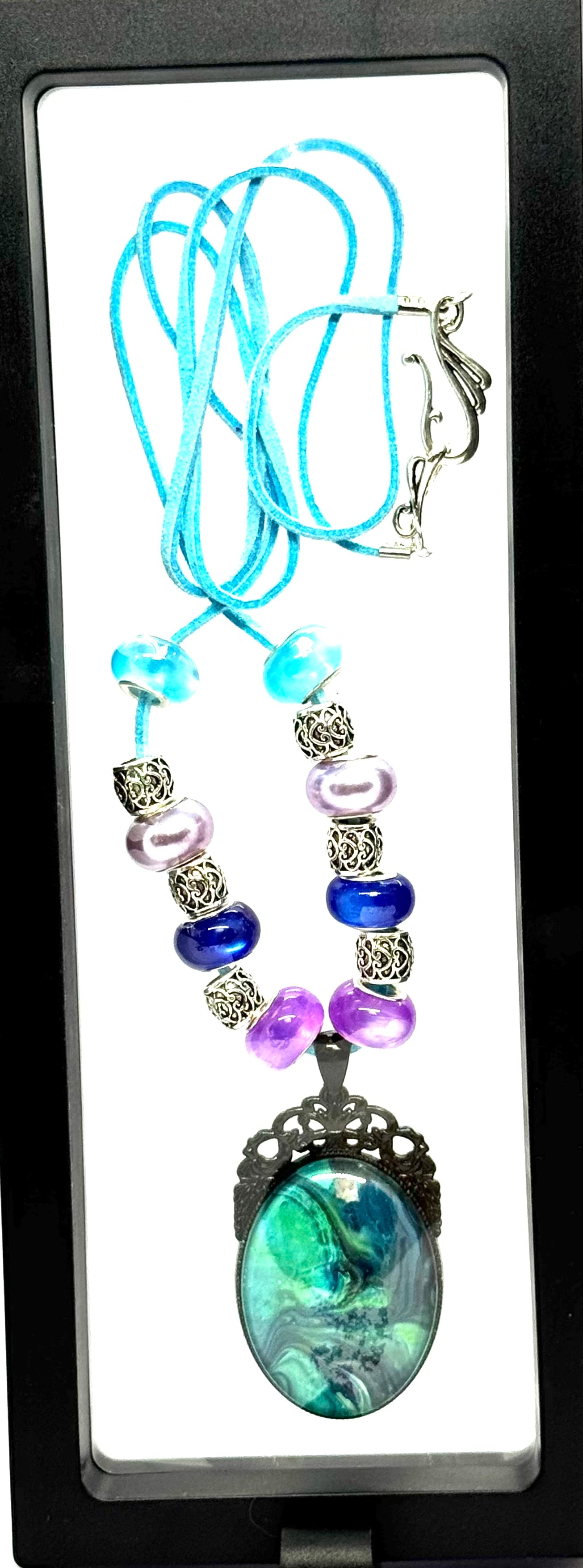 Emotional Support Chaos Necklace | Ocean Storm Pendant | Blue Leather Cord | Beaded Statement Piece