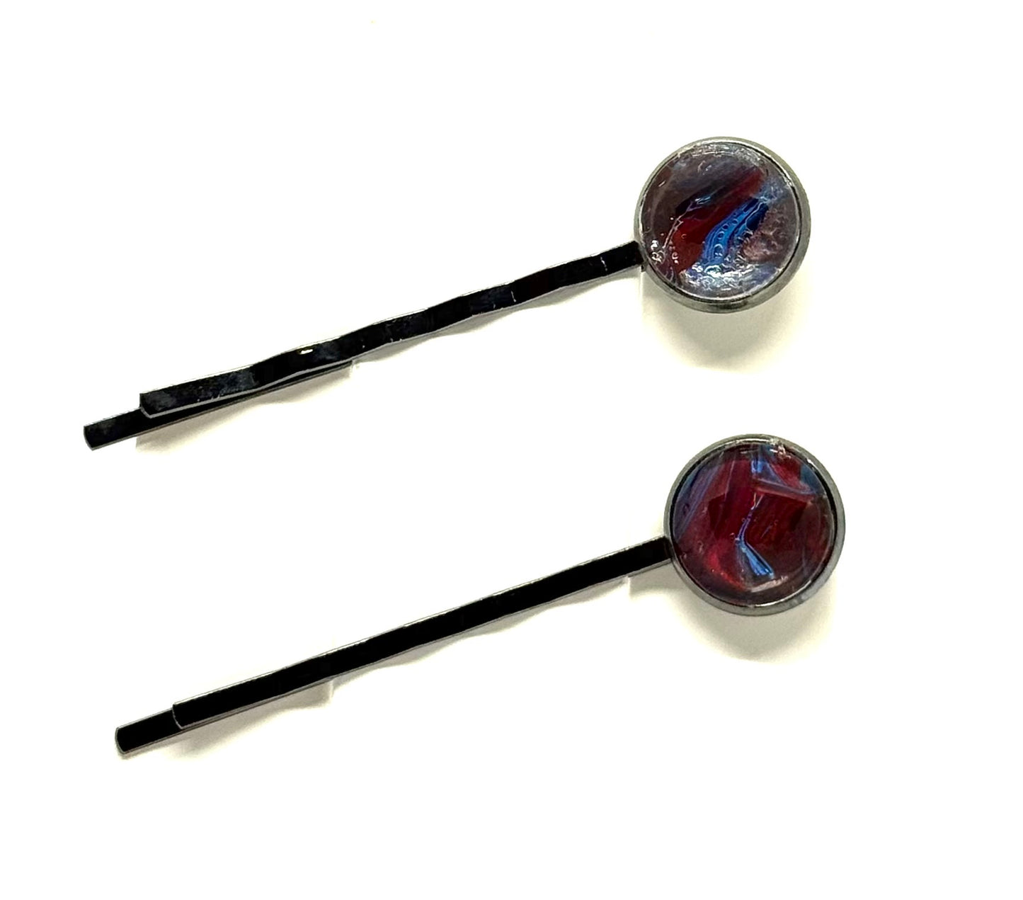 The “Cherry Bomb with Trust Issues” Bobby Pin Set – Handmade Red & Blue Swirl Hair Pins (Set of 2)