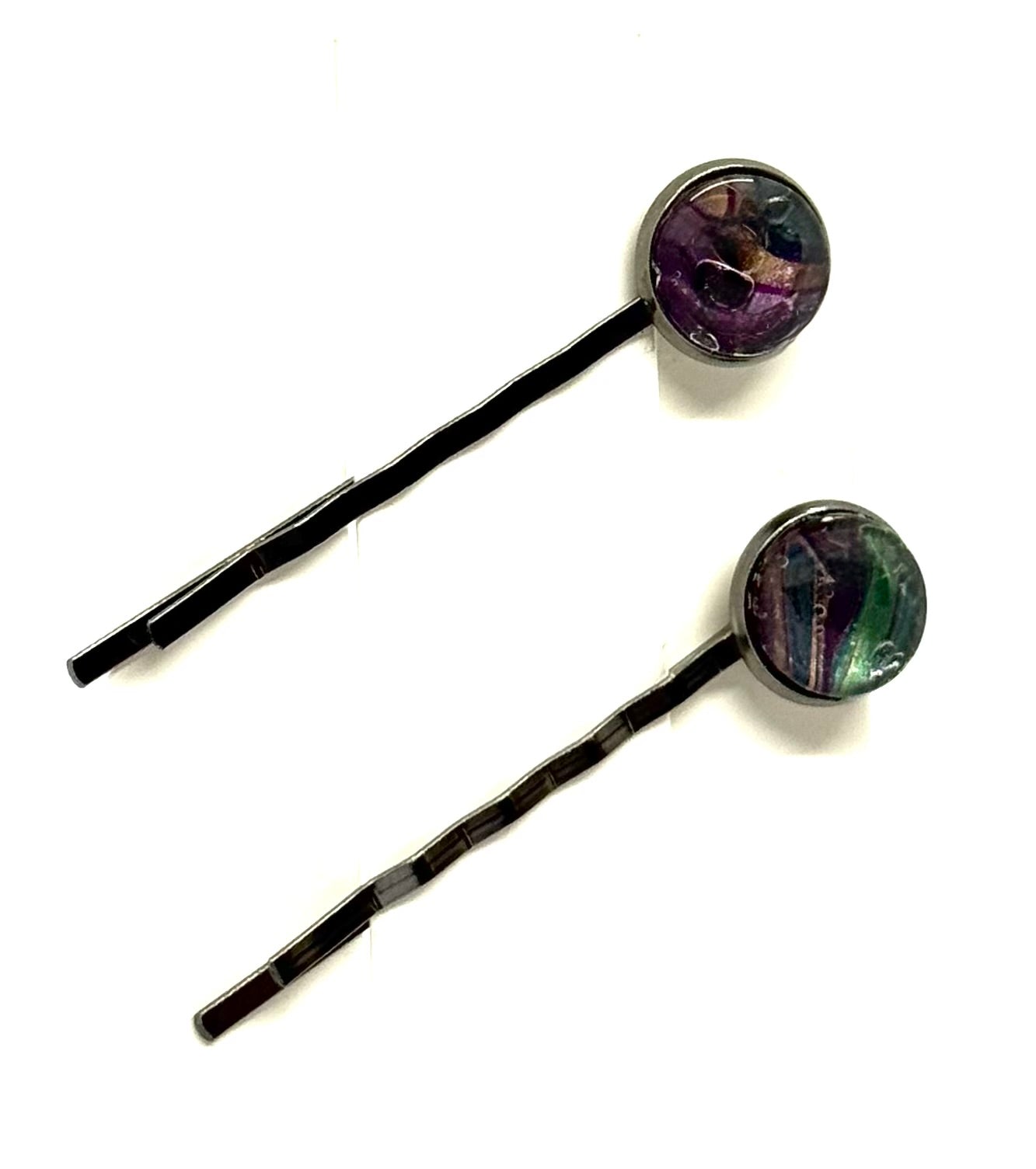 The “Mystic Mayhem” Bobby Pin Set – Handmade Purple & Emerald Swirl Hair Pins (Set of 2)