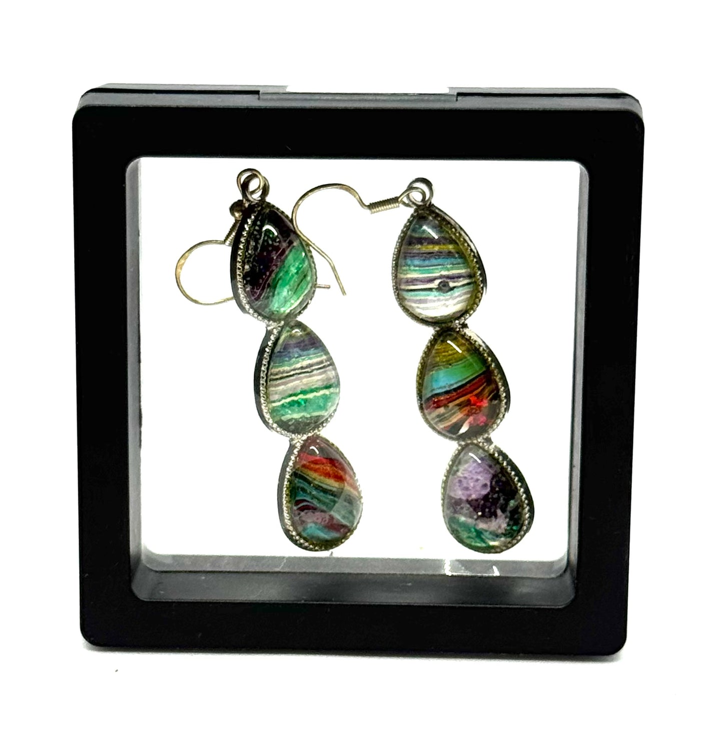 #6S Aurora Chaos Sterling Silver Triple Teardrop Paint Pour Glass Dome Earrings