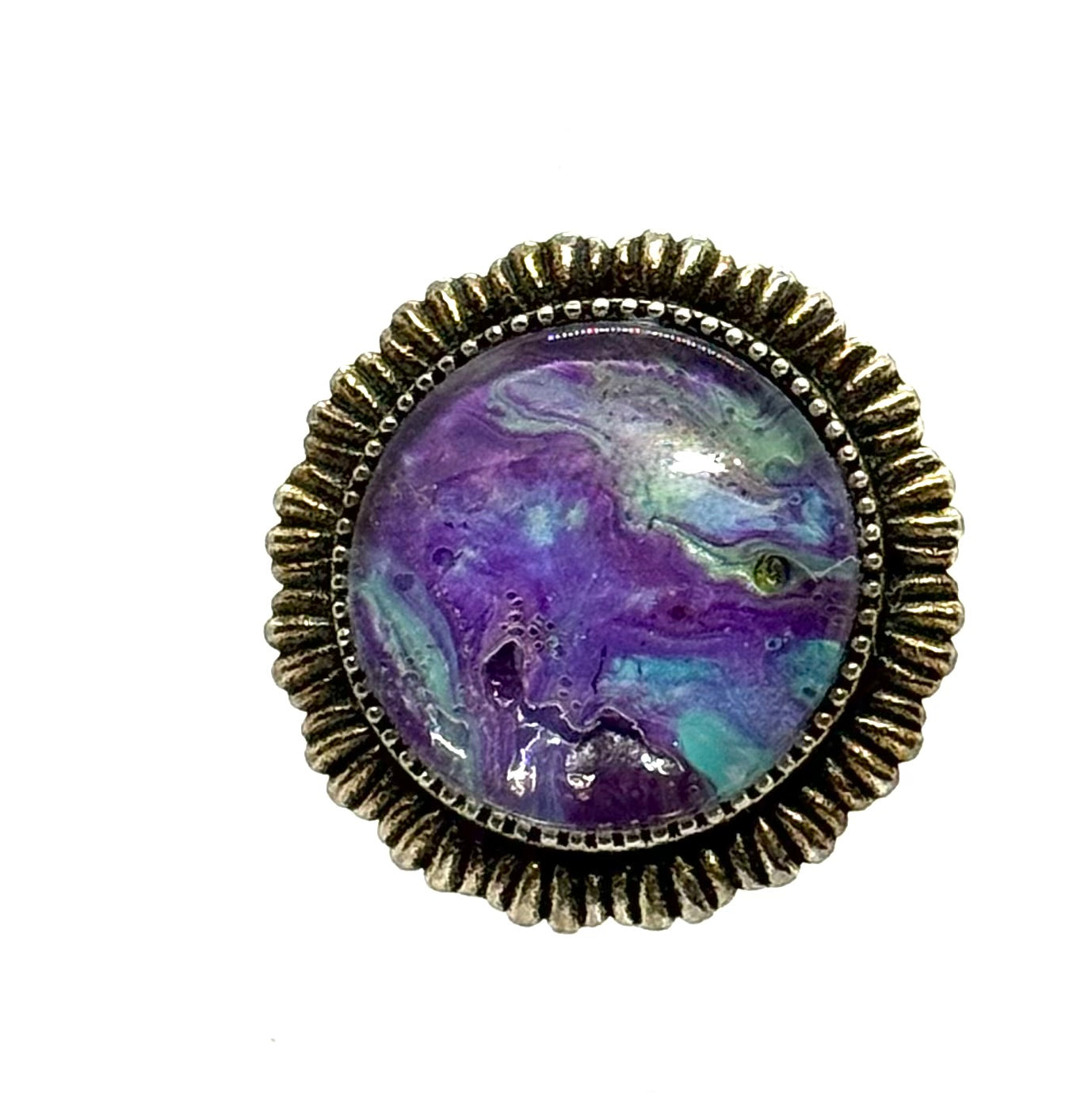 #13 Galactic Chaos Glass Dome Statement Ring – Purple Teal Swirl Vintage Ornate Adjustable Ring