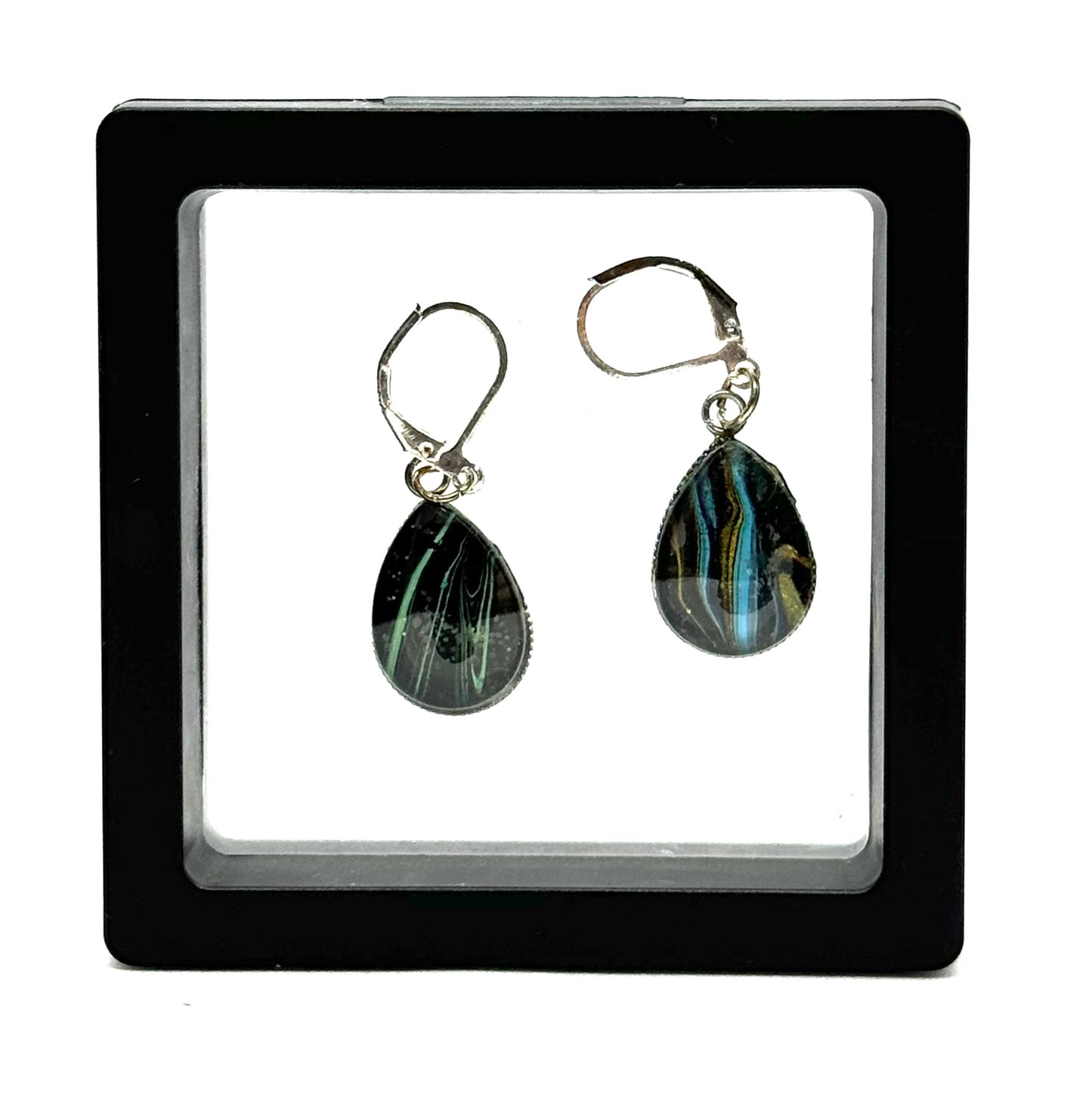 #4S Ocean After Midnight Sterling Silver Teardrop Earrings – Handmade Paint Pour Glass Domes