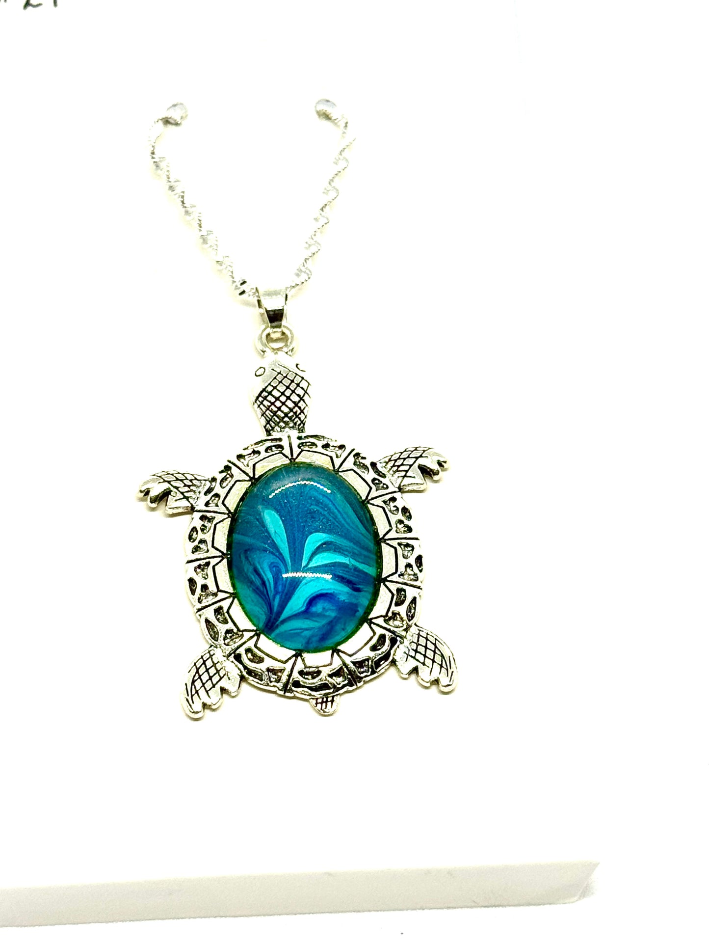 #24 Emotionally Unavailable Sea Turtle – Blue Swirl Paint Pour Turtle Necklace | FDSS Original