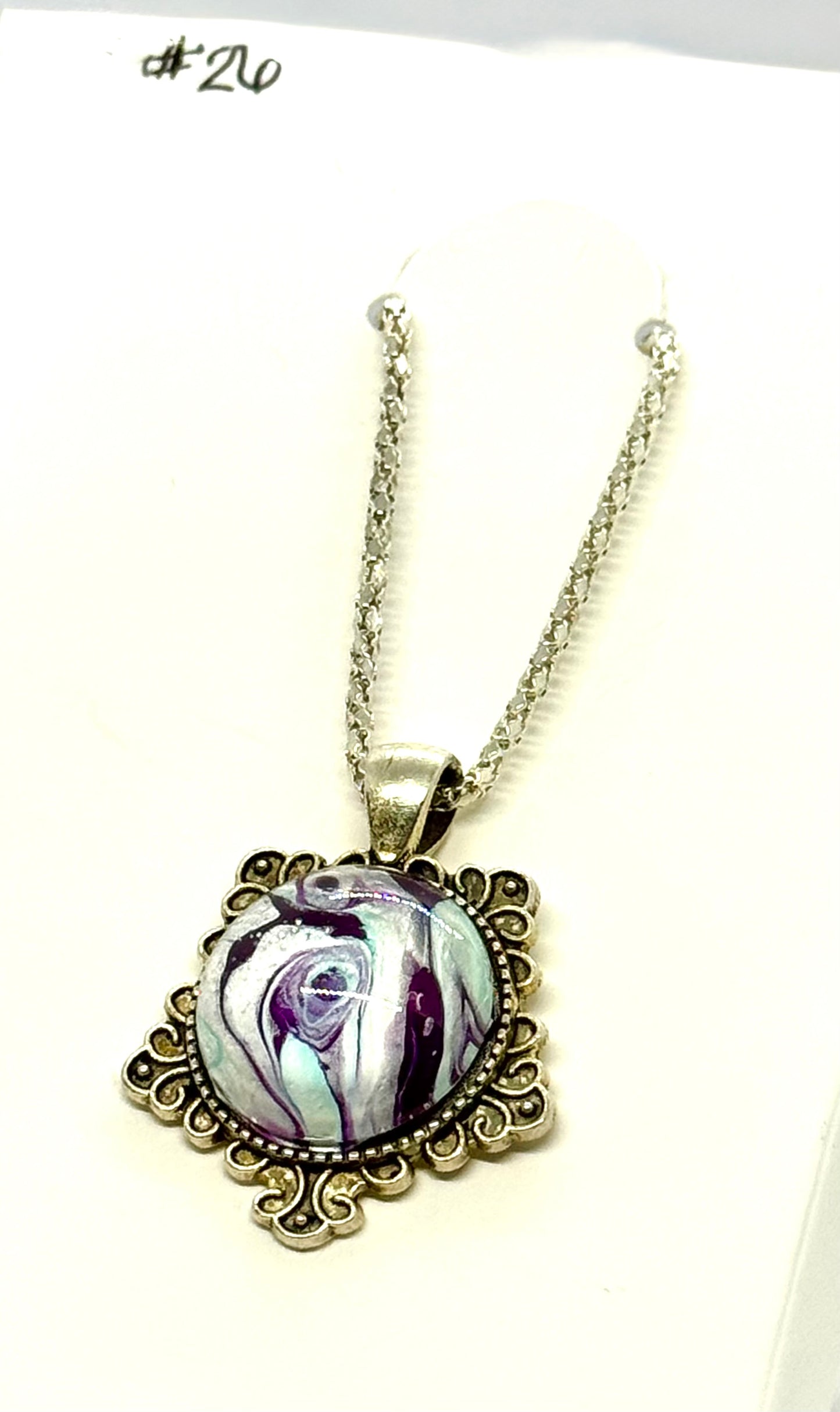 #26 Spiral Delusion – Purple & Silver Paint Pour Pendant | FDSS Original