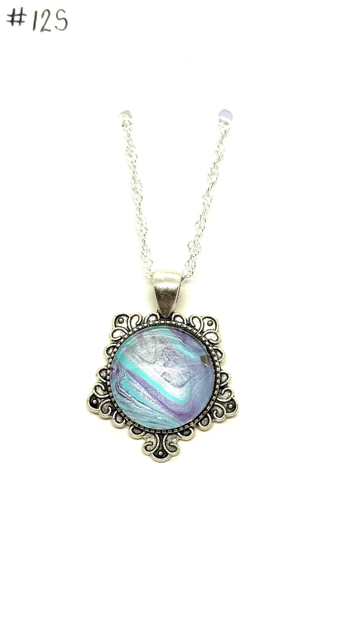 Calm Is Suspicious Necklace | 18” Sterling Silver Aqua & Lavender Paint Pour Necklace