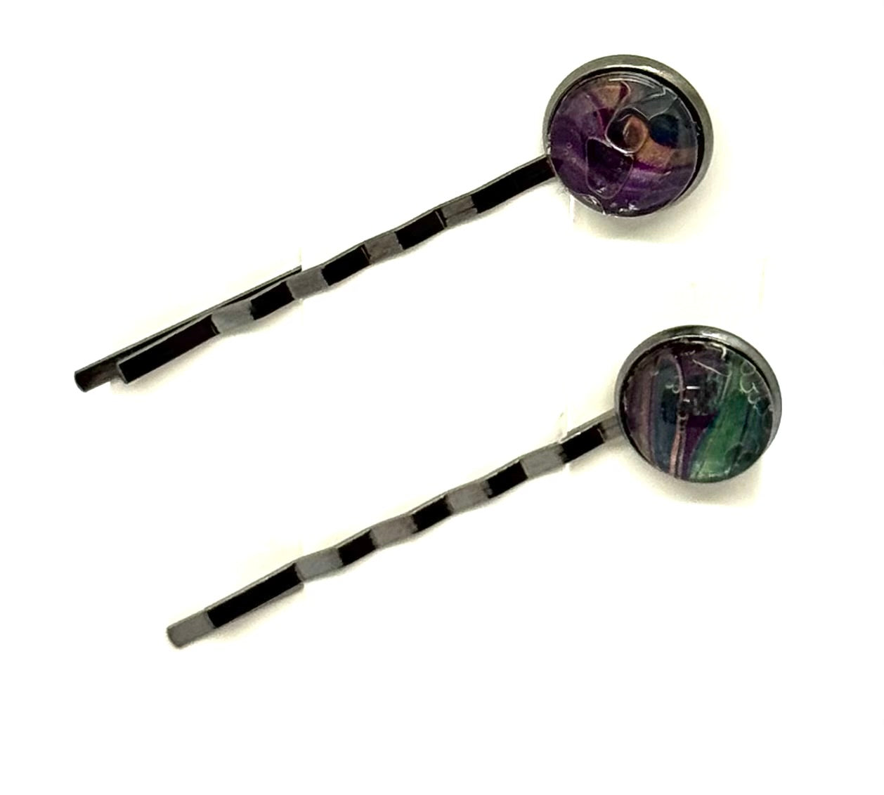 The “Mystic Mayhem” Bobby Pin Set – Handmade Purple & Emerald Swirl Hair Pins (Set of 2)