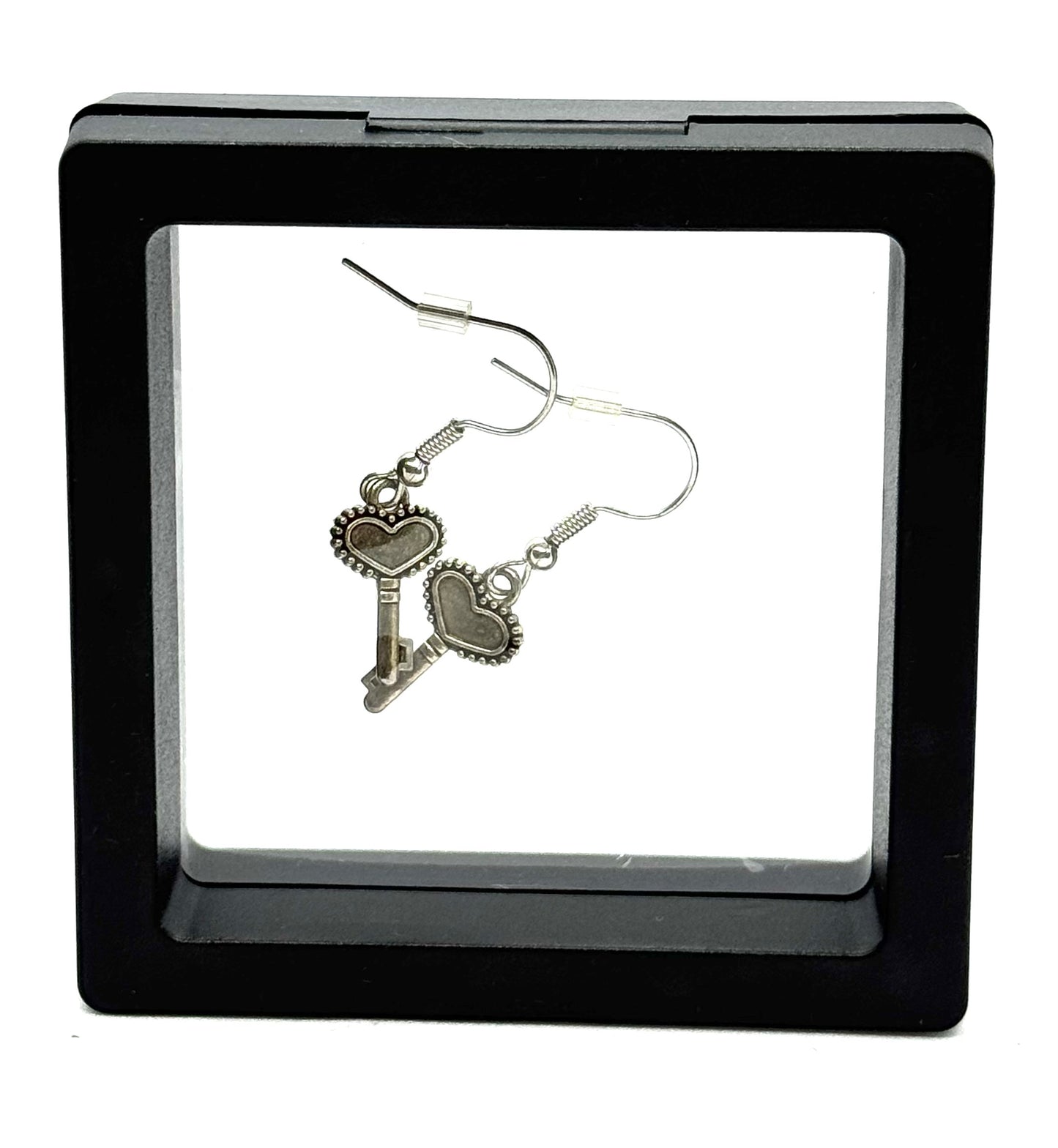 #44 Key to My Heart Earrings – Silver Heart Key Dangle Earrings