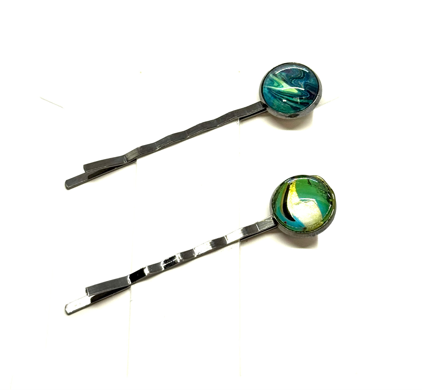 #5 Deep Ocean Chaos Bobby Pins – Teal & Emerald Swirl Set (2pc)
