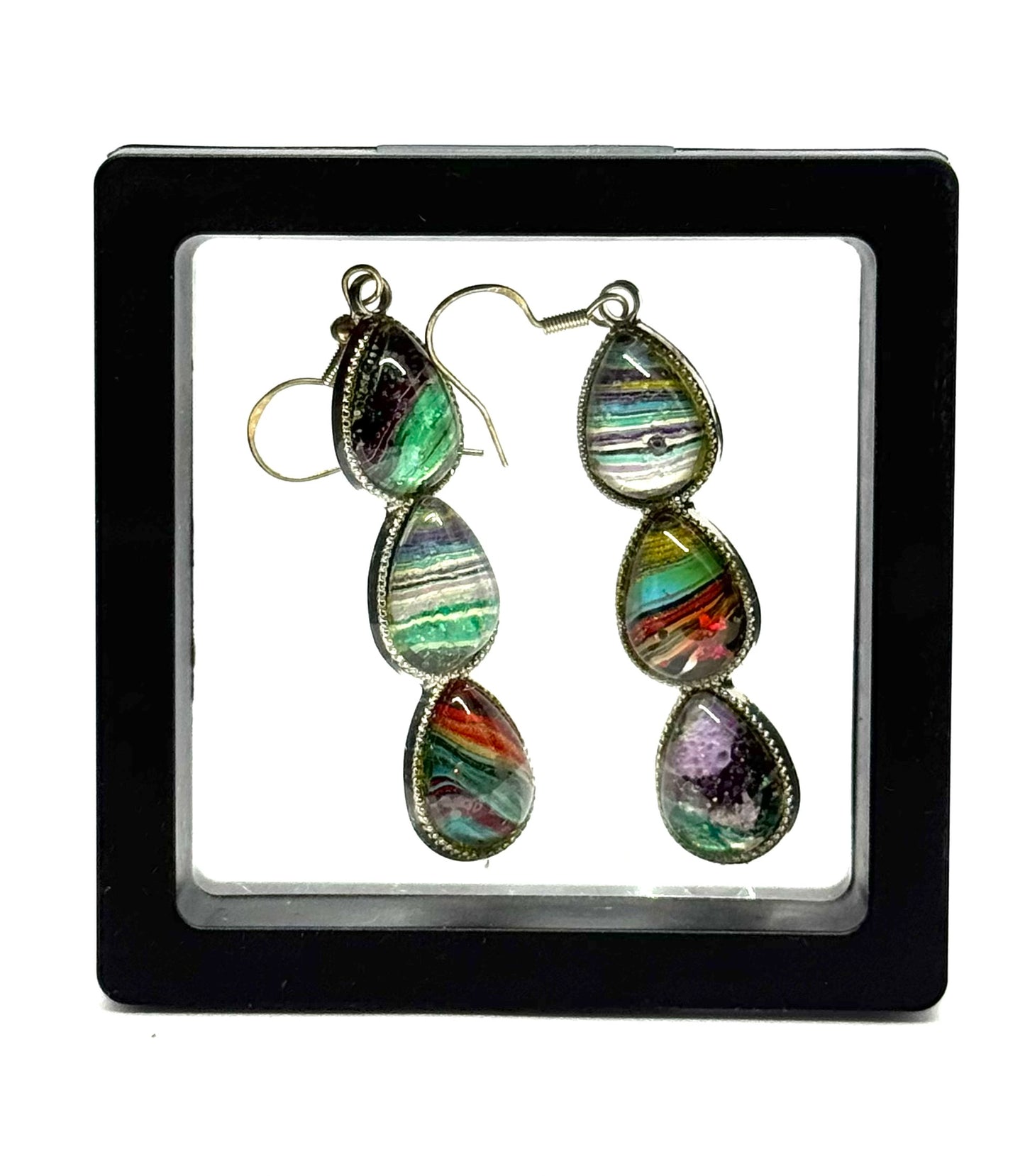 #6S Aurora Chaos Sterling Silver Triple Teardrop Paint Pour Glass Dome Earrings