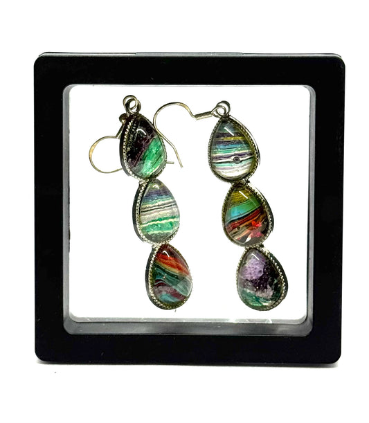 #6S Aurora Chaos Sterling Silver Triple Teardrop Paint Pour Glass Dome Earrings