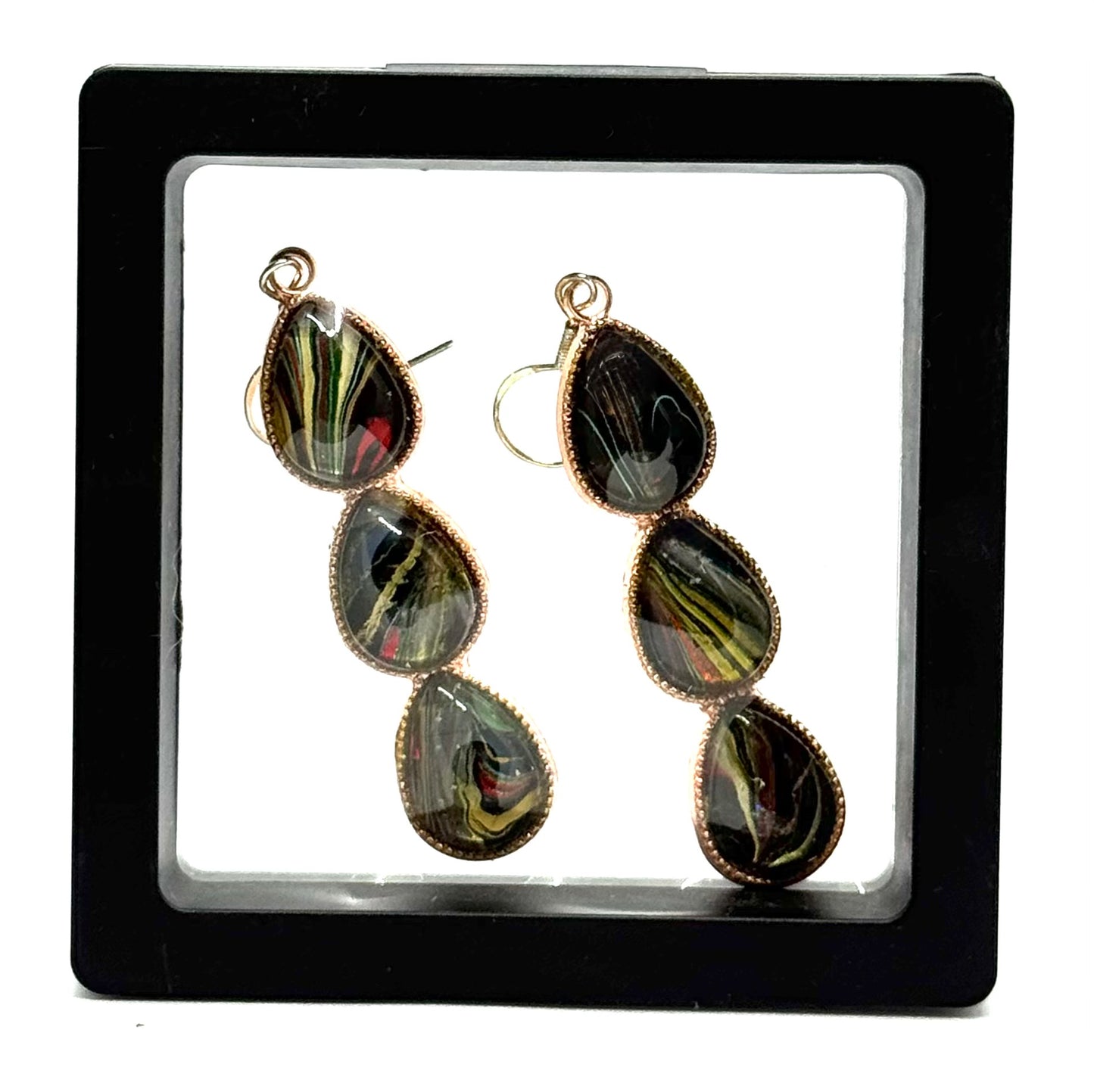 #3S Midnight Eclipse Triple Teardrop Earrings – Handmade Paint Pour Glass Domes