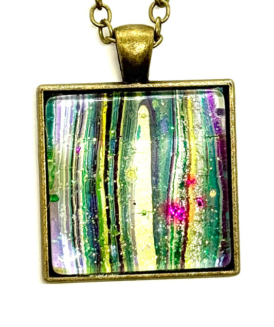 #20 Sunshine Gone Wrong – Blue, Yellow & Pink Foil Square Paint Pour Necklace | FDSS Original