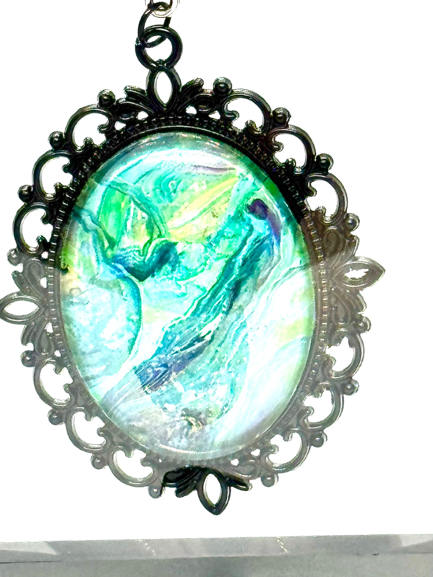 Ocean Mood Swing Necklace | Green & Teal Swirl Pendant | 34” Blue Cord | Statement Chaos