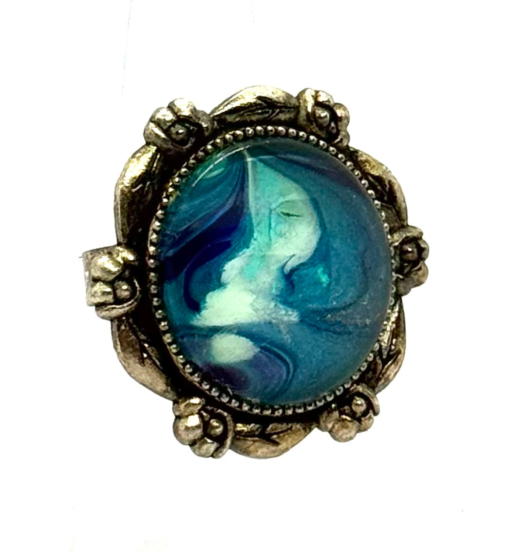 #12 Ocean Dream Glass Dome Statement Ring – Teal Blue Swirl Vintage Style Adjustable Ring