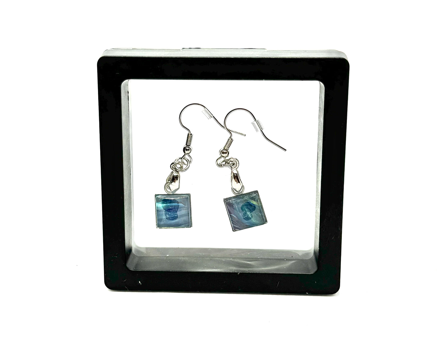 #15 Ocean Drift Glass Dome Earrings – Handmade Acrylic Paint Pour Square Dangle Earrings