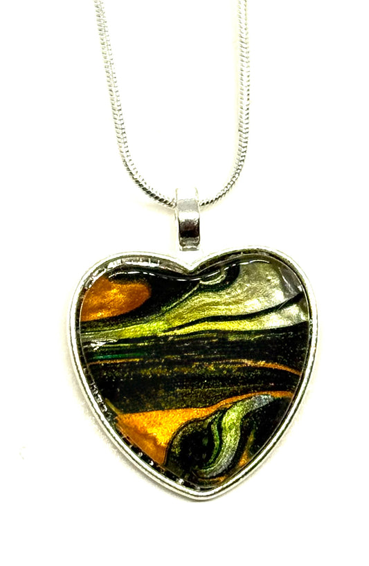 #22 Heartbreak in Technicolor – Black, White, Orange & Rose Gold Paint Pour Heart Pendant Necklace